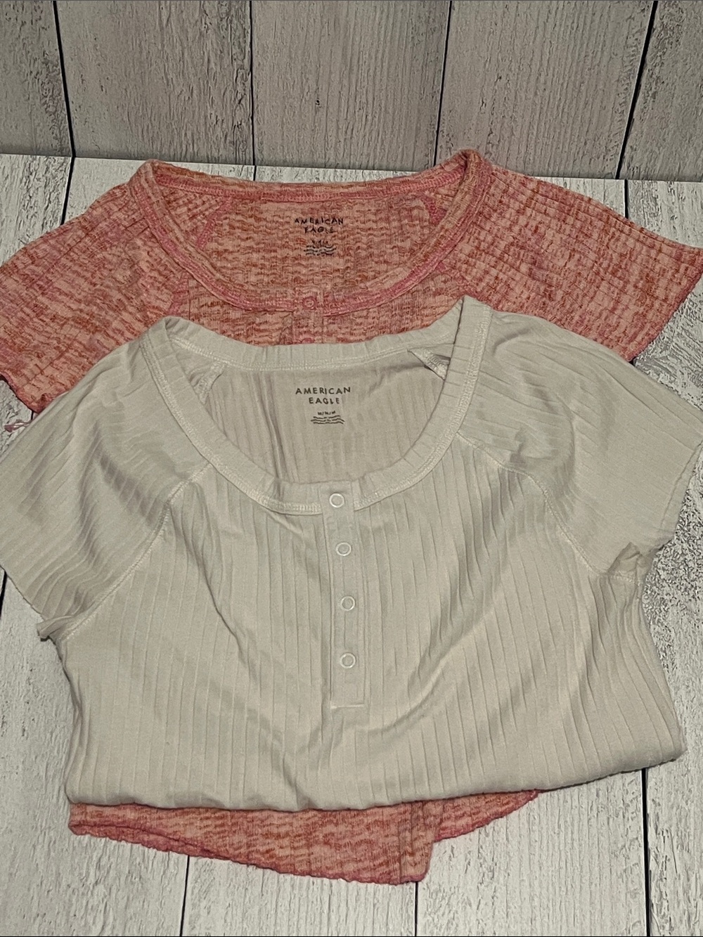American Eagle Outfitters Girls Ribbed Henley Top Set in Coral Pink and Cream